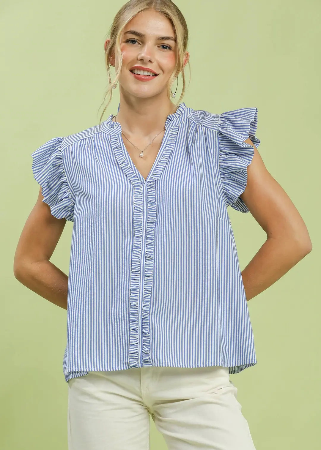 blue striped womens blouse ruffle neckline detail