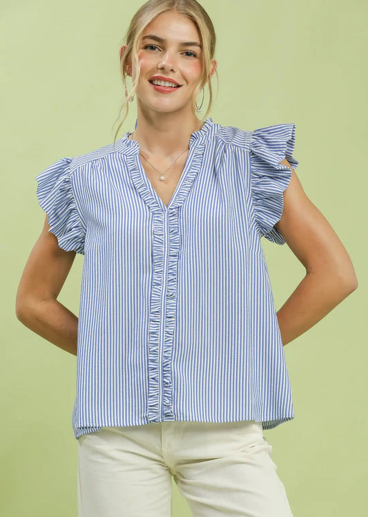 blue striped womens blouse ruffle neckline detail