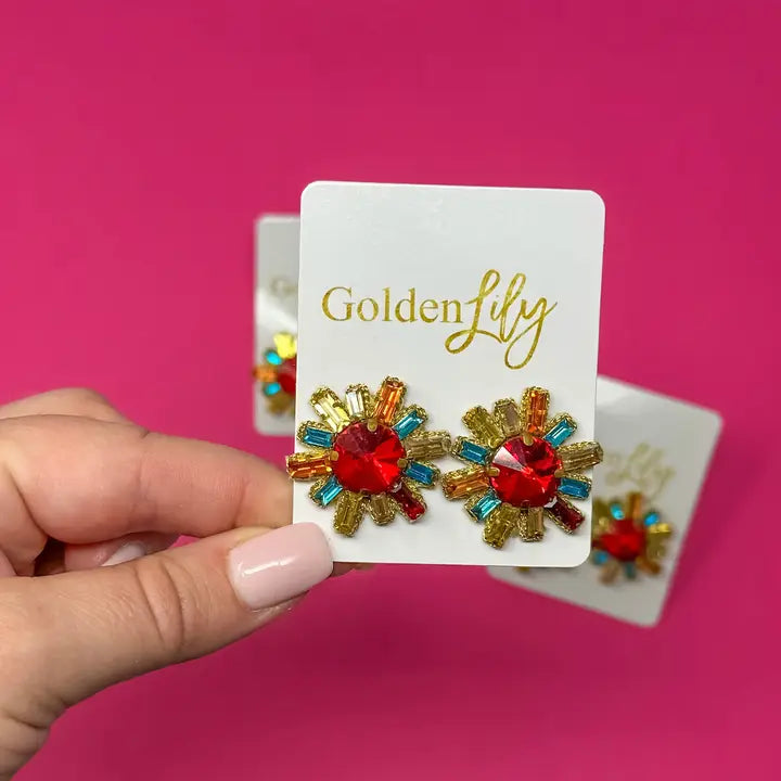 Fall Multicolor Rhinestone Burst Stud Earrings