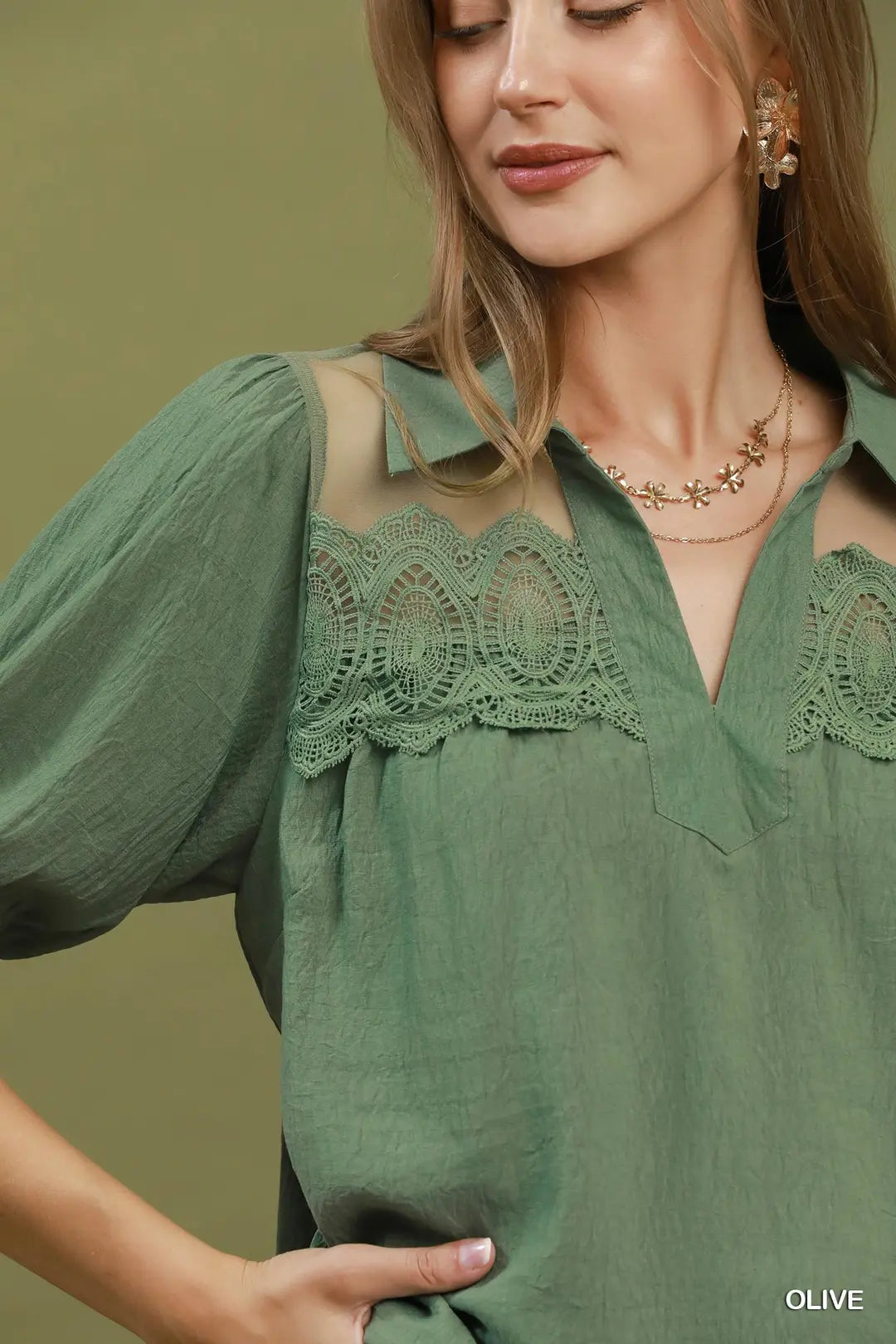 Umgee olive lace detail puff sleeve blouse, lace and mesh shoulder detail
