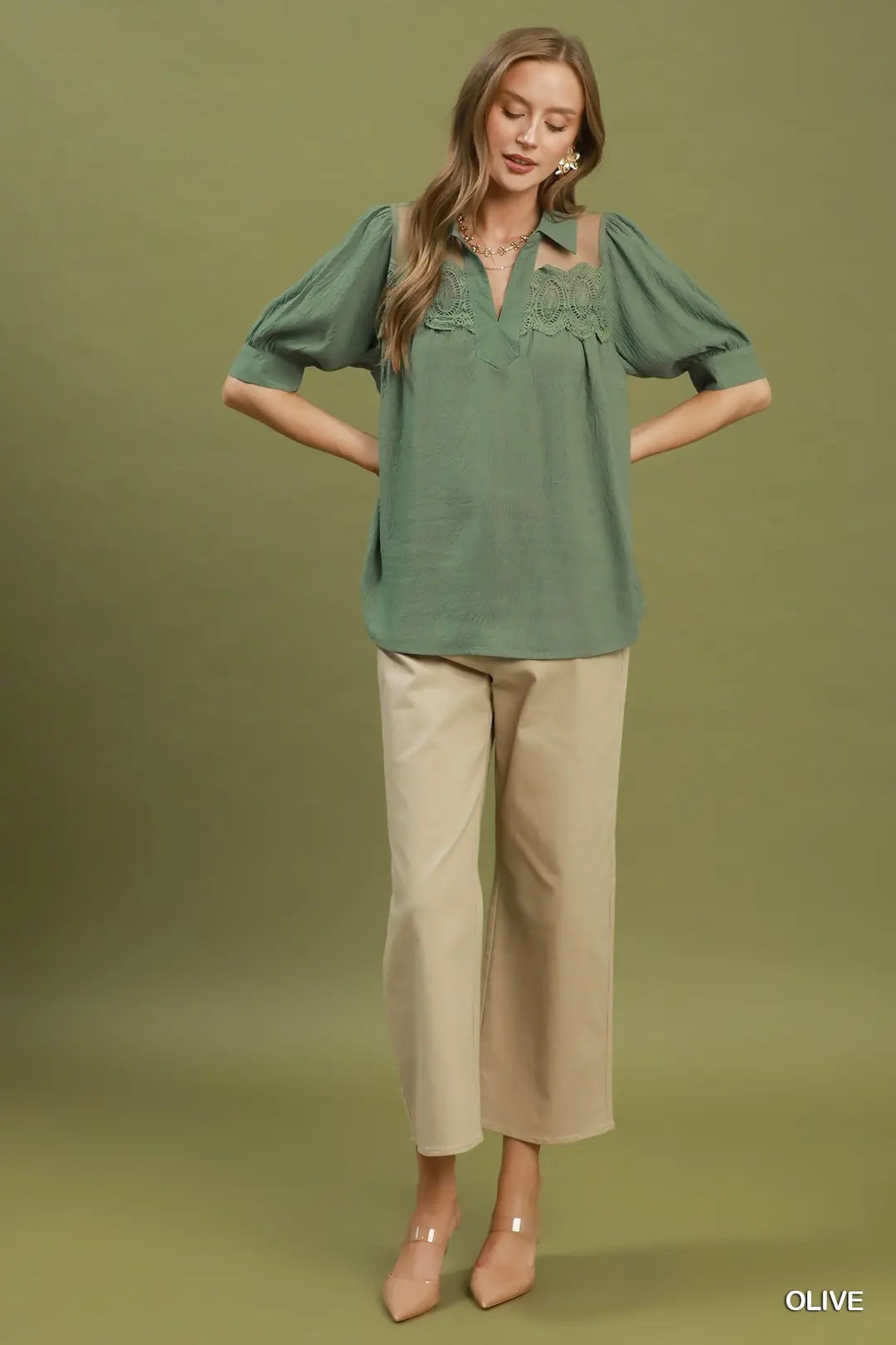 Umgee olive lace detail puff sleeve blouse, sleeve and cuff detail