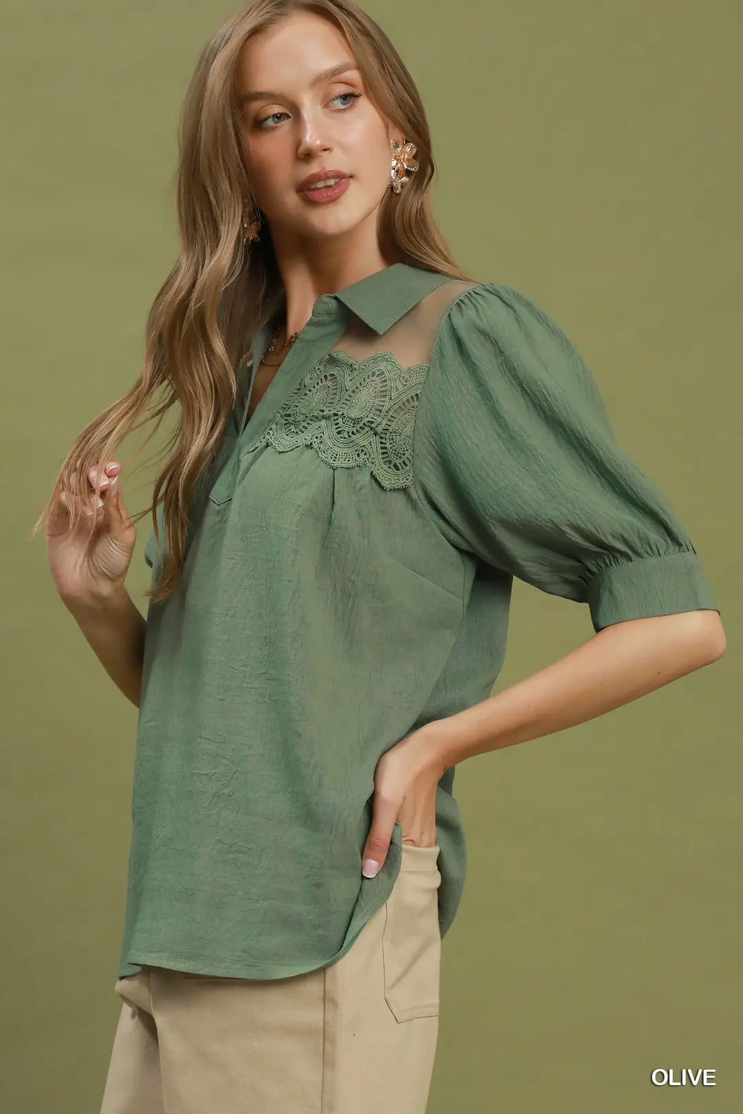 Umgee olive lace detail puff sleeve blouse, side view