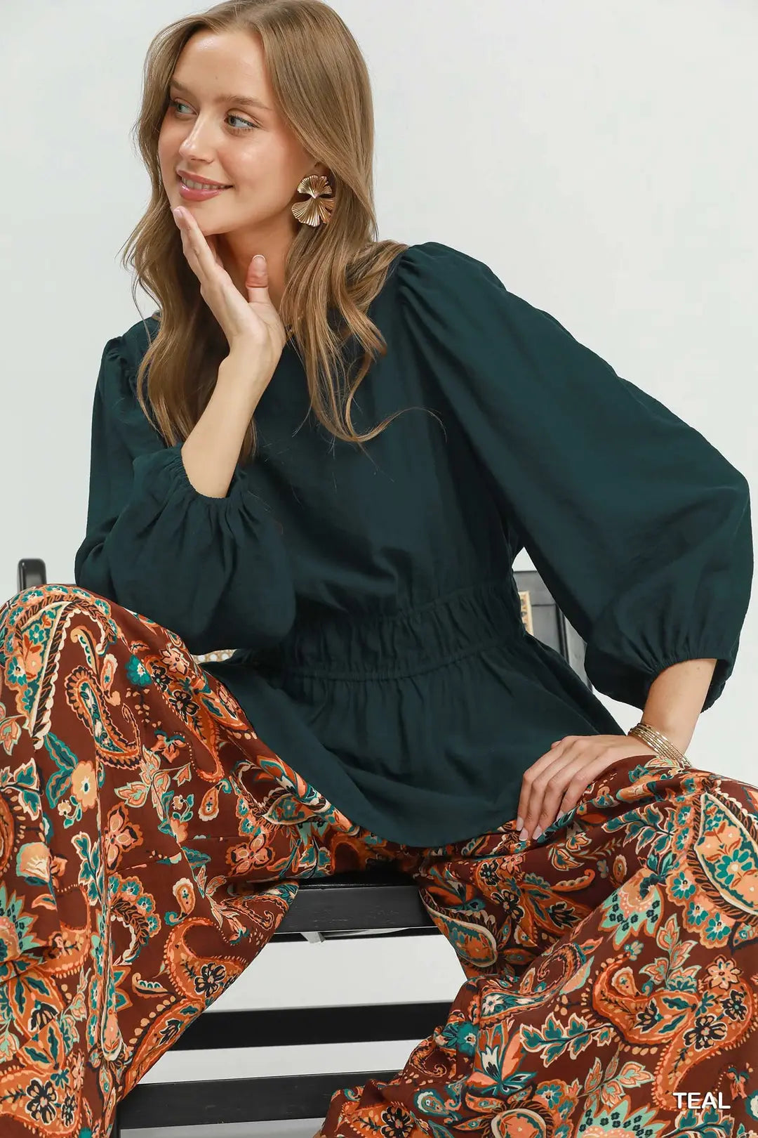 Umgee teal smocked waist peplum blouse, smocked waist detail