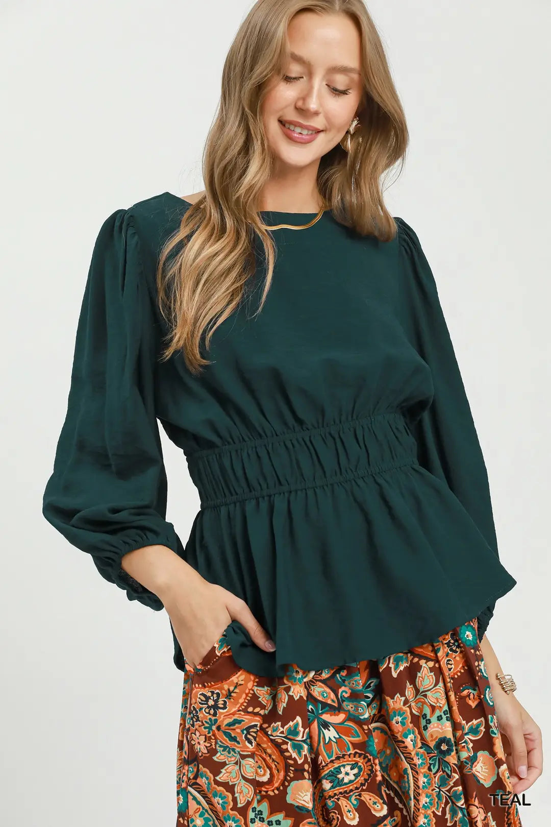 Umgee teal smocked waist peplum blouse, sleeve and cuff detail