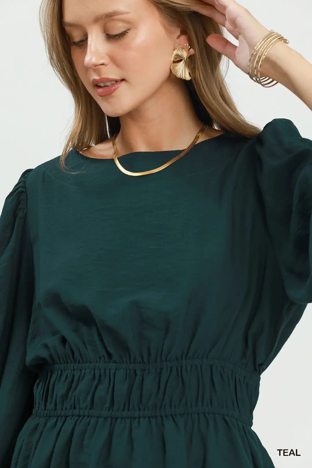 Umgee teal smocked waist peplum blouse, side view