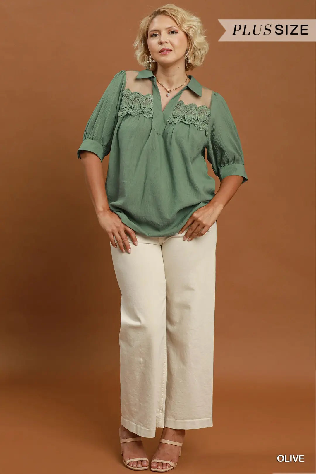 Umgee olive lace detail puff sleeve blouse, fabric texture close-up