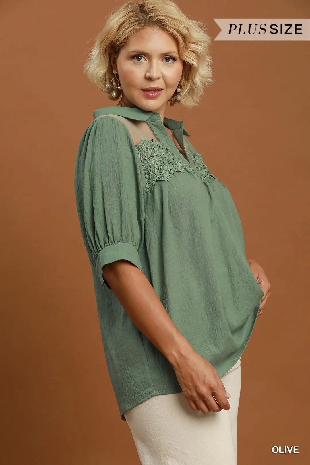 Umgee olive lace detail puff sleeve blouse, three-quarter view