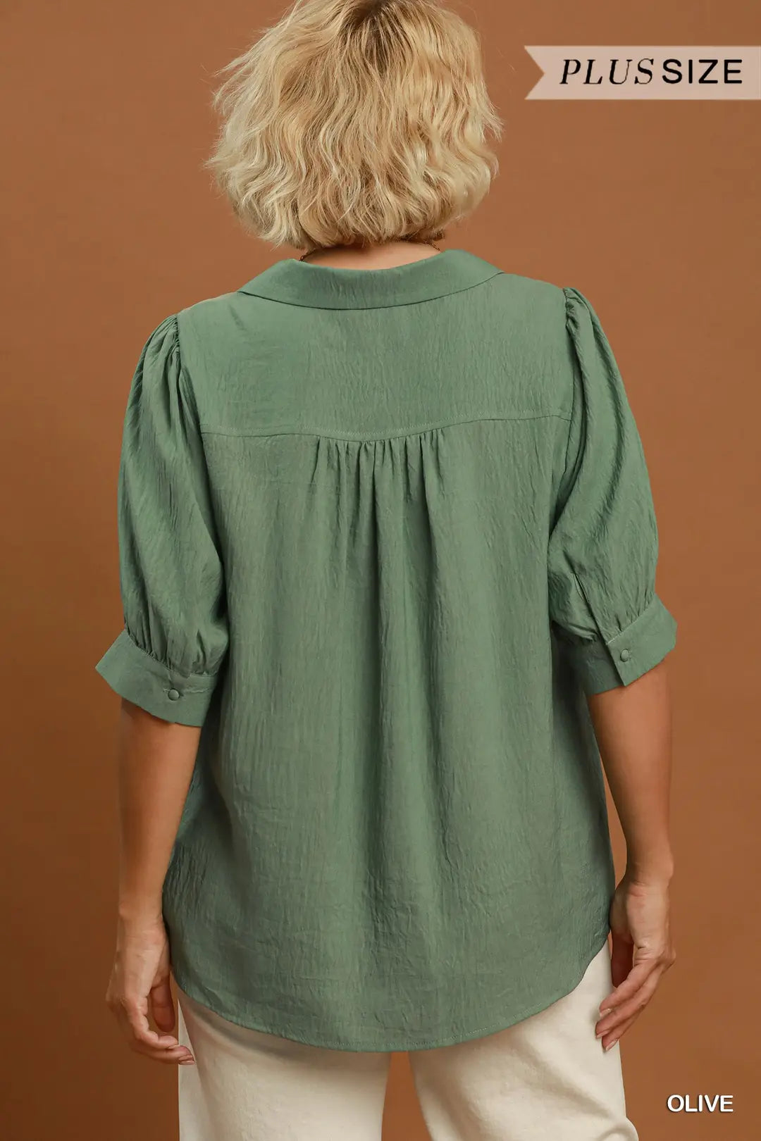 Umgee olive lace detail puff sleeve blouse worn on model, full outfit view