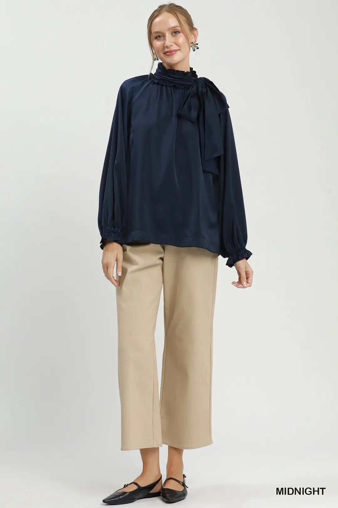 Umgee satin tie-neck ruffle blouse in midnight navy, side view