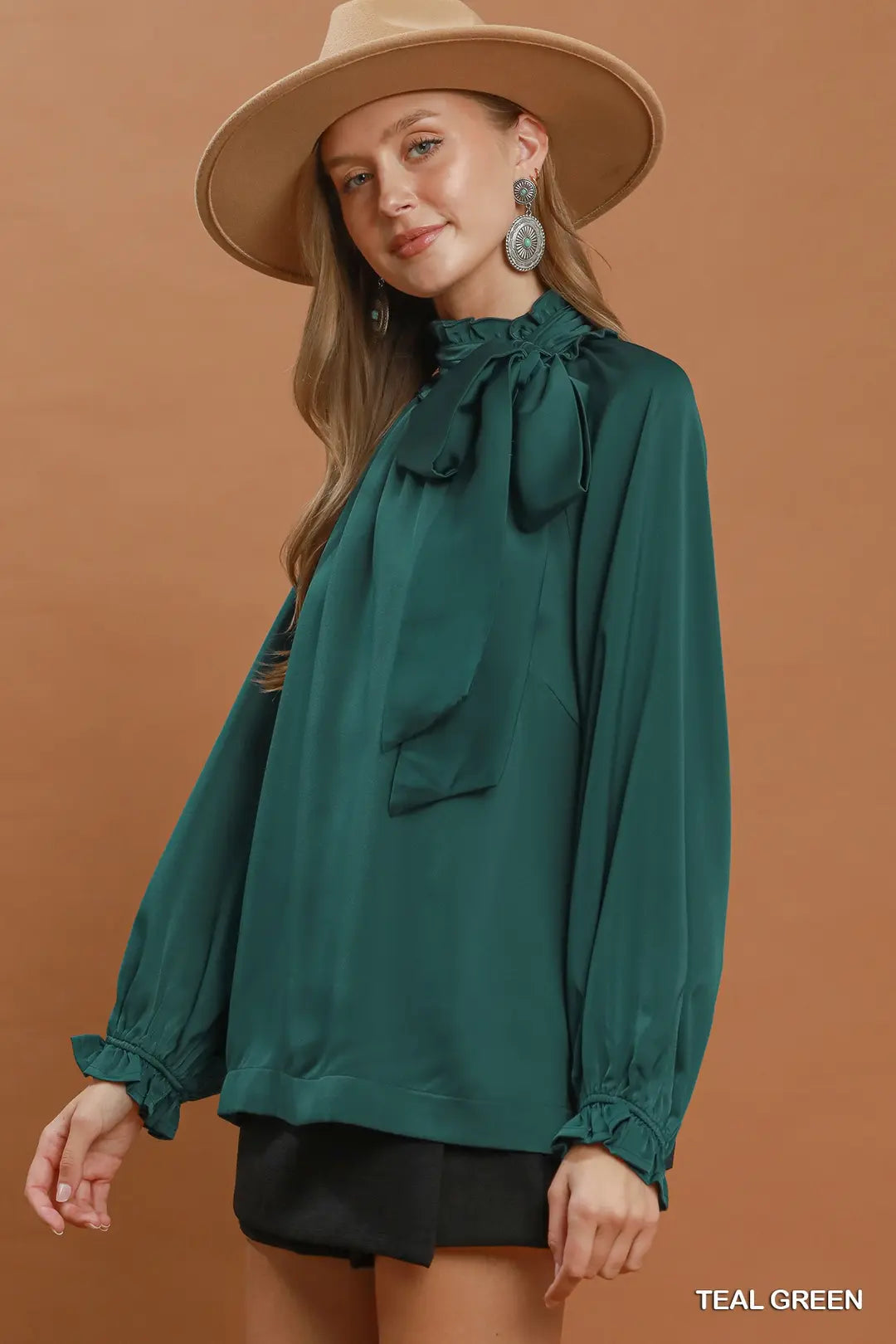 Umgee satin tie-neck ruffle blouse in teal green, sleeve and cuff detail