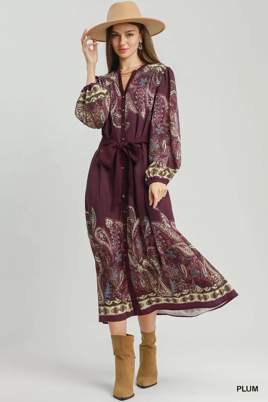 Plum boho midi dress with paisley floral print, tie waist and contrast border detailing