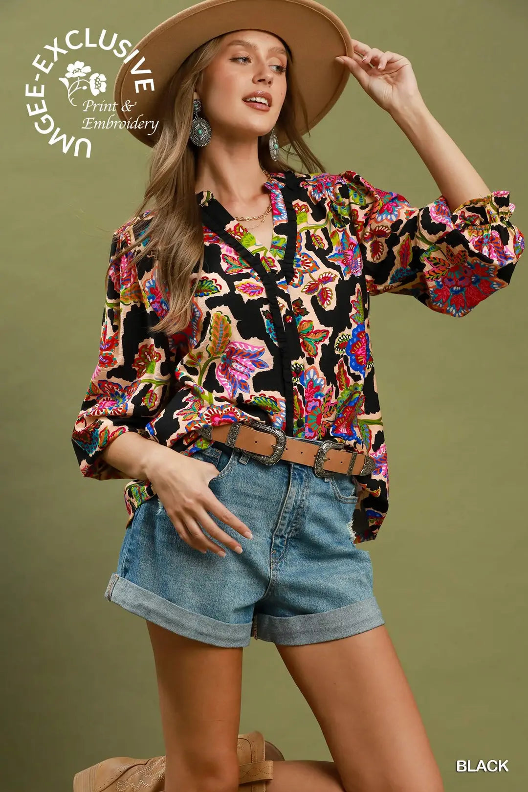 Umgee Mixed Floral Button Down Blouse