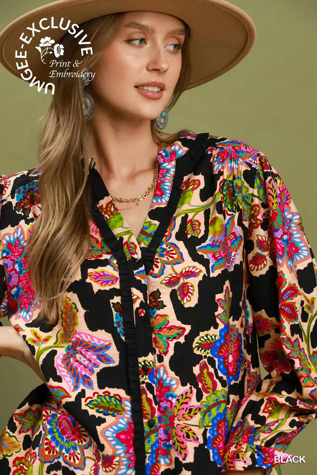 Umgee Mixed Floral Button Down Blouse