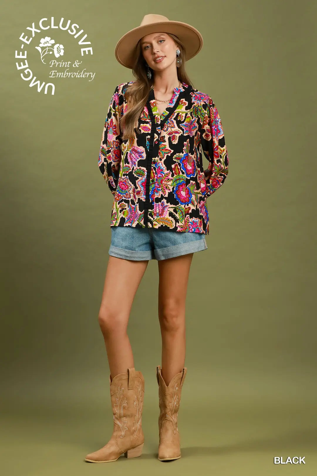 Umgee Mixed Floral Button Down Blouse