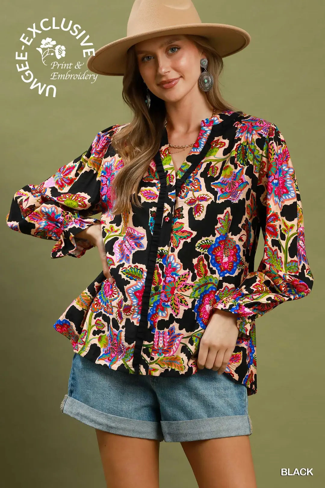 Umgee Mixed Floral Button Down Blouse