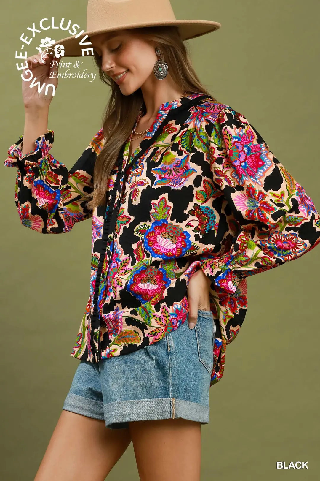 Umgee Mixed Floral Button Down Blouse