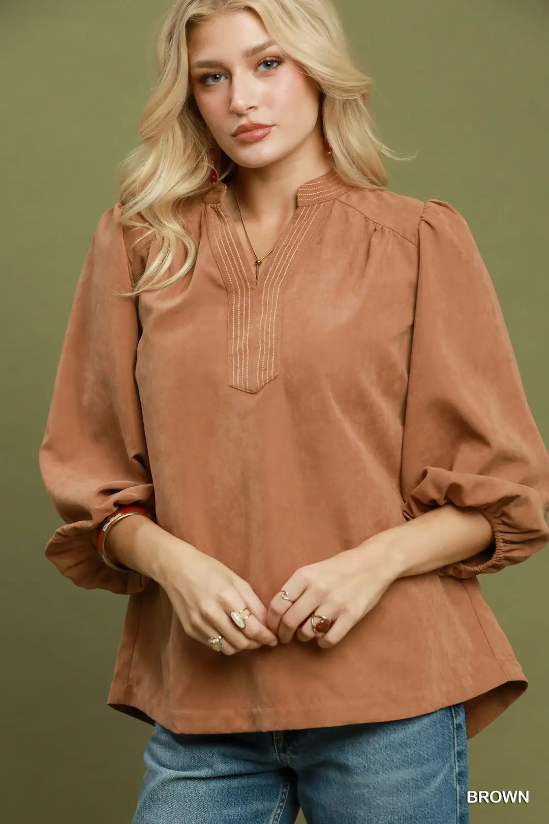 Umgee brown sueded split neck blouse, split neckline and contrast stitching detail