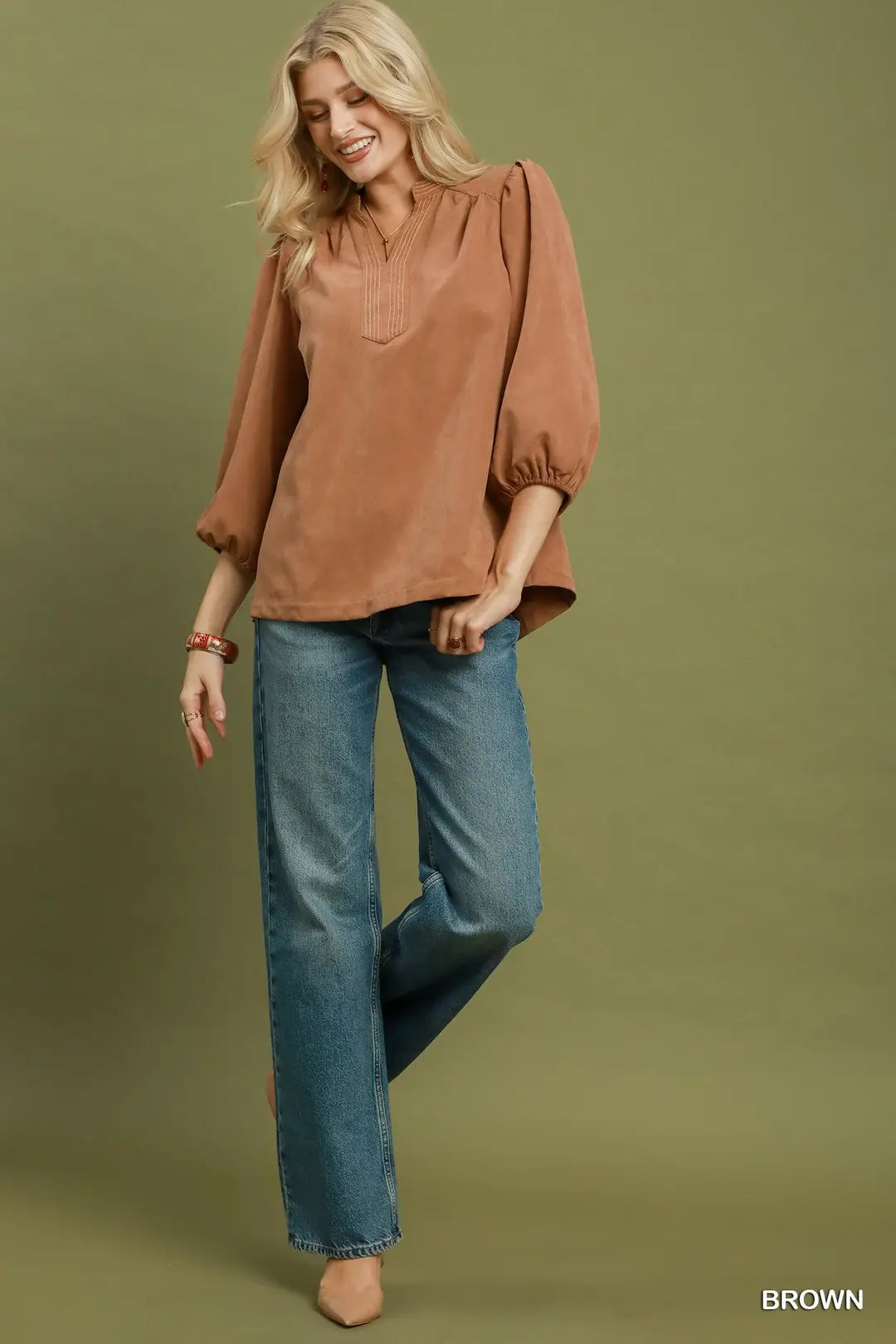 Umgee brown sueded split neck blouse, sleeve and cuff detail