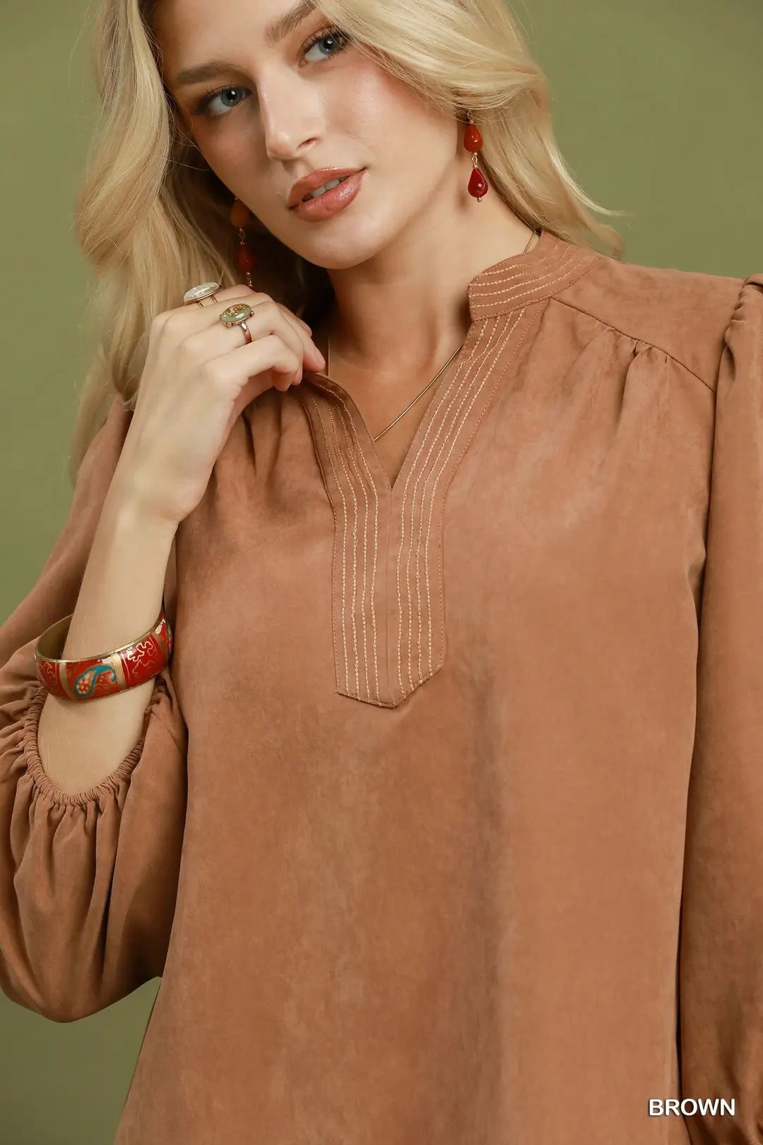 Umgee brown sueded split neck blouse, back view