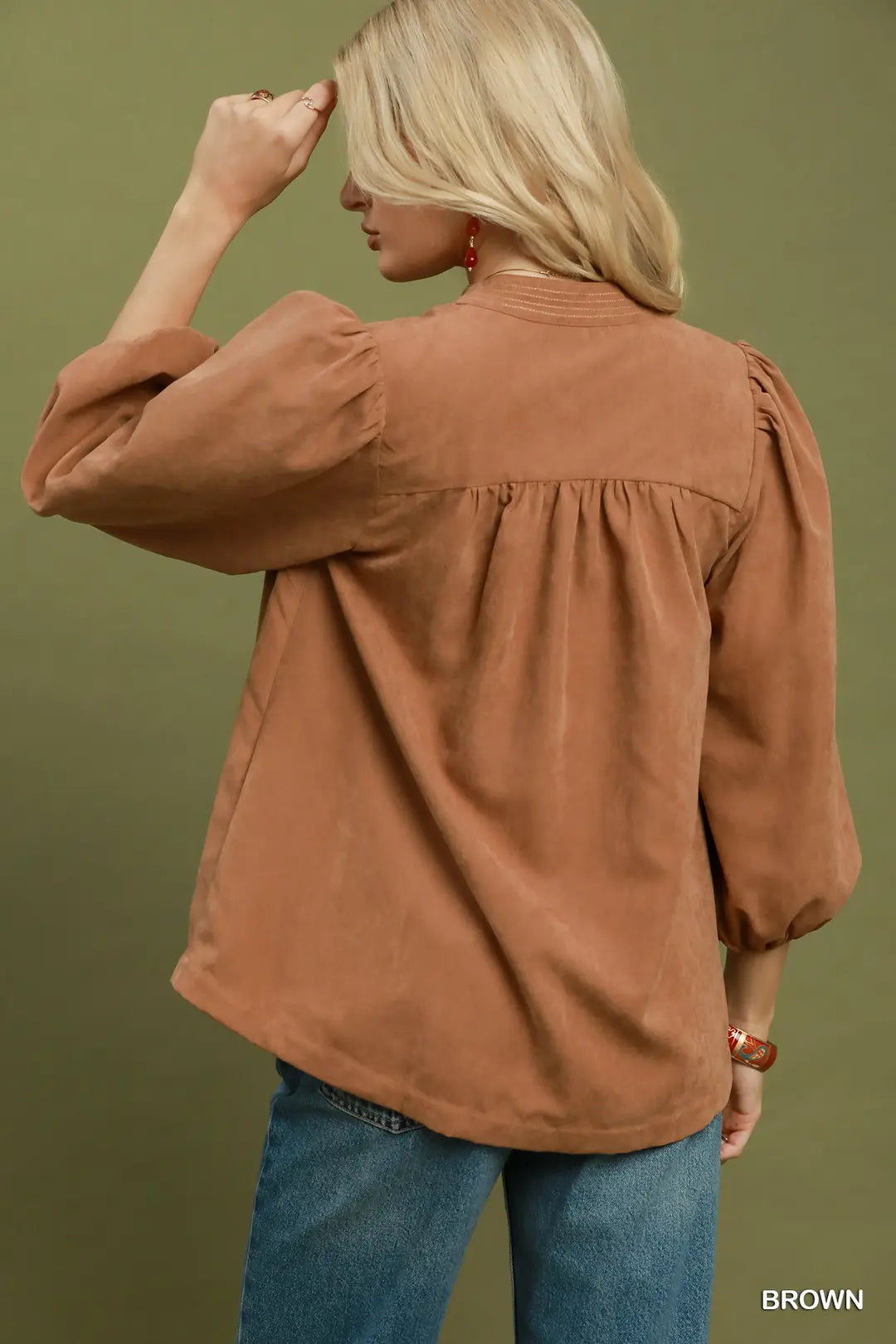 Umgee brown sueded split neck blouse, fabric texture close-up