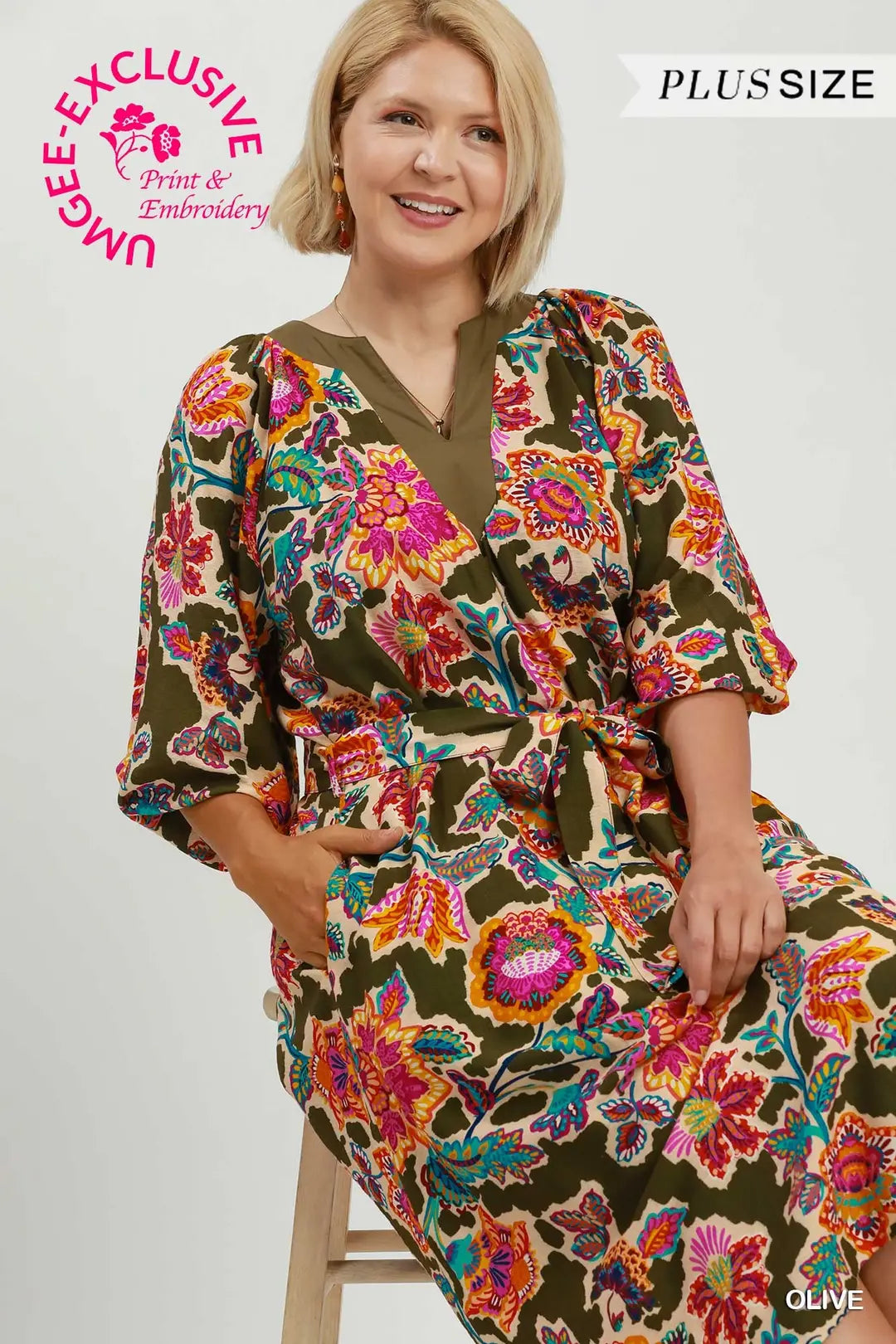 Umgee Olive Multi Print Midi Dress