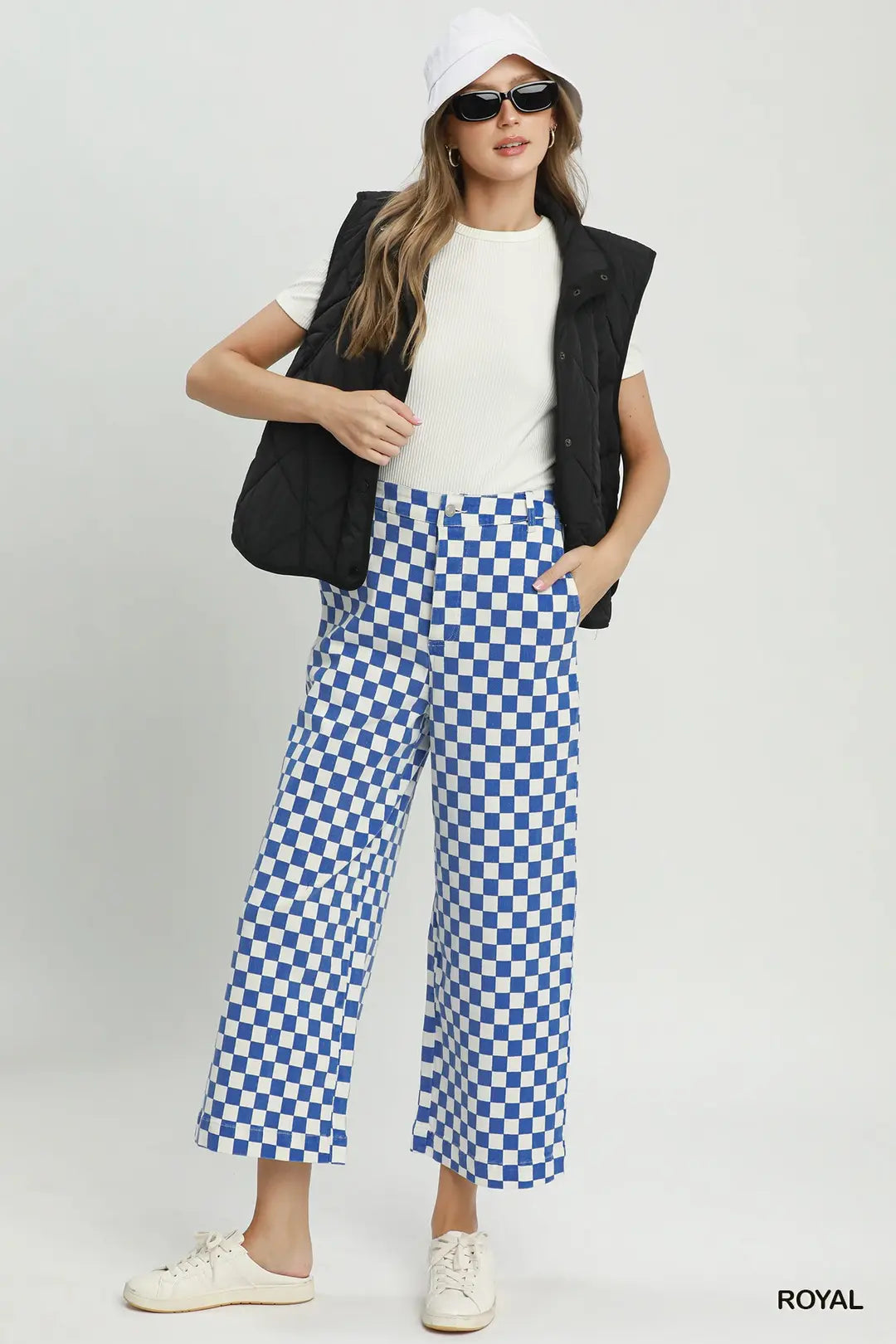 Umgee Royal Blue Checkerboard Wide Leg Pants