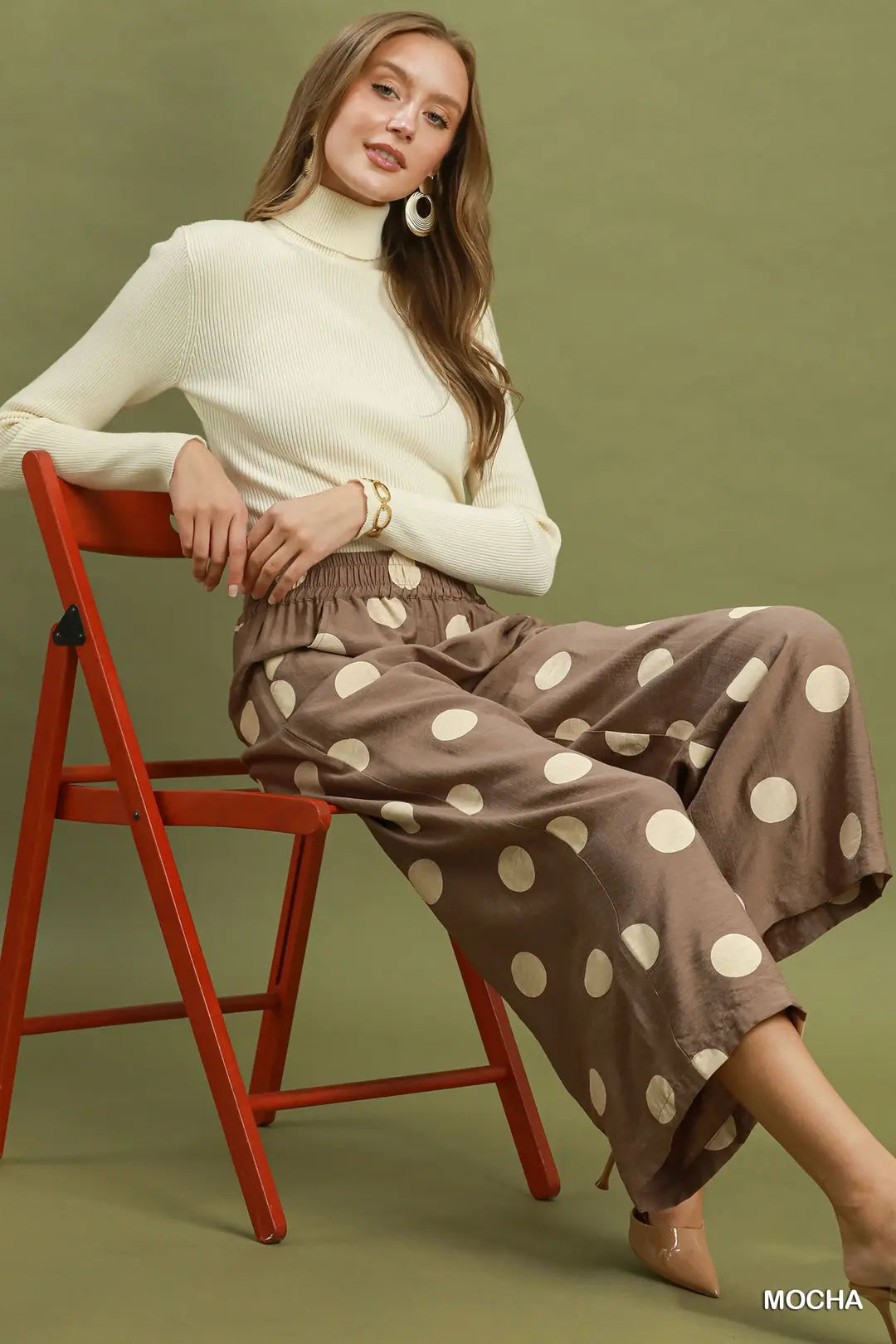 Umgee Mocha Polka Dot Wide Leg Pants