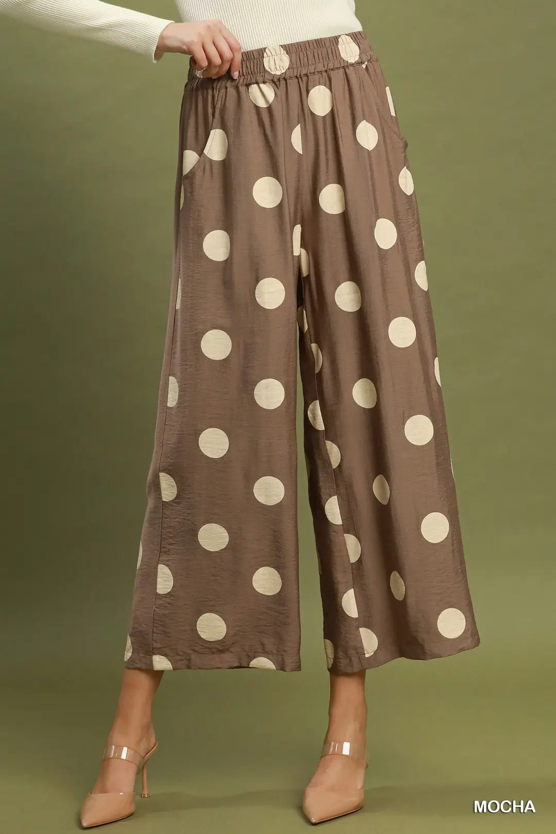 Umgee Mocha Polka Dot Wide Leg Pants