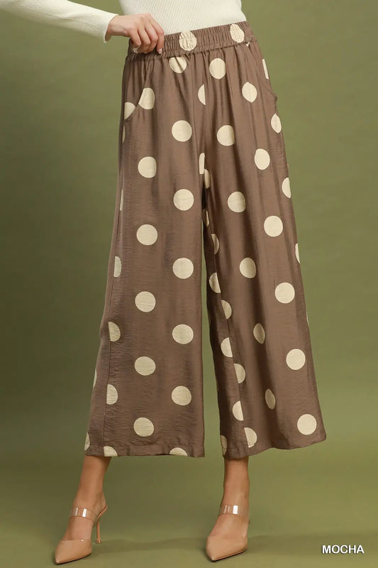 Umgee Mocha Polka Dot Wide Leg Pants