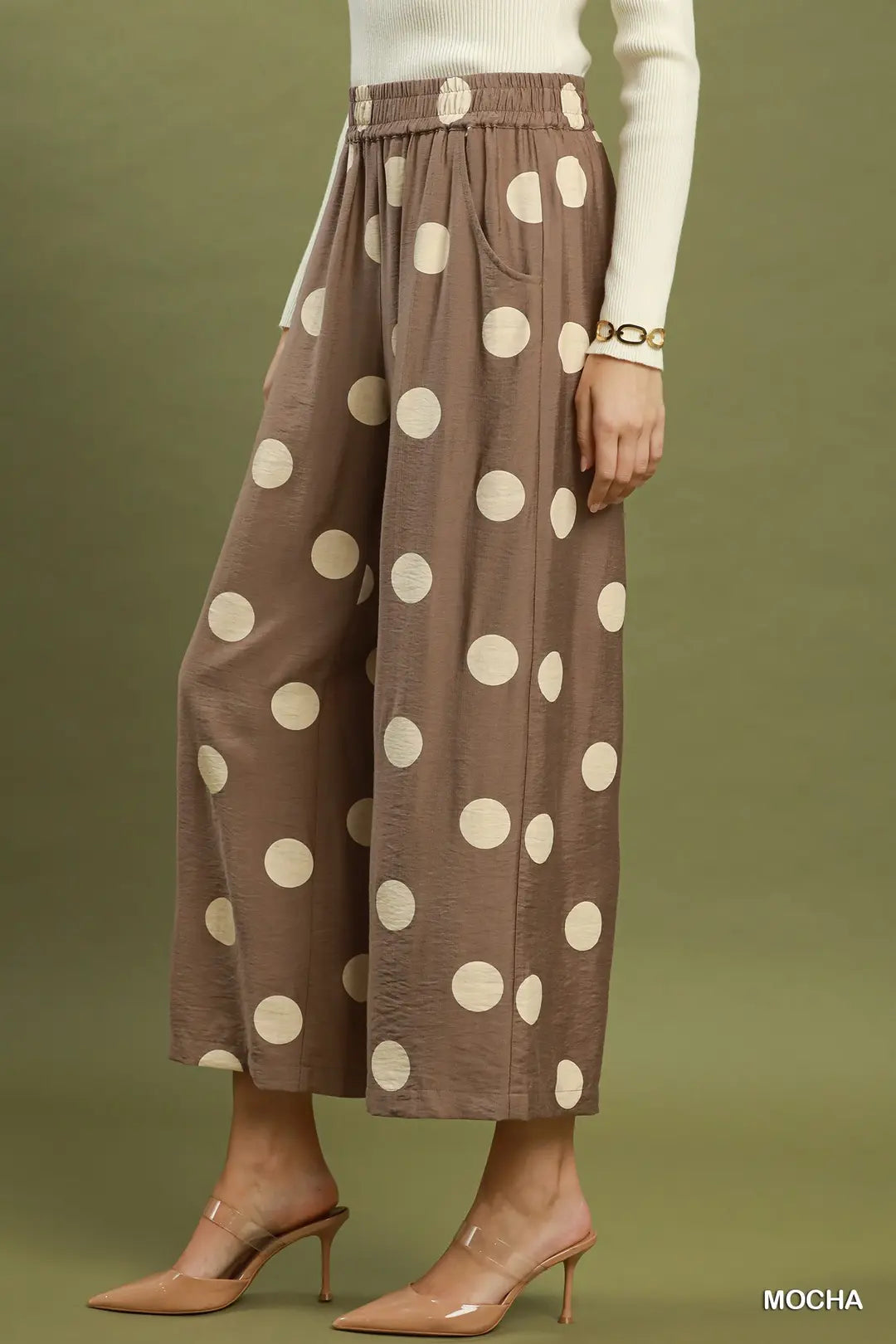 Umgee Mocha Polka Dot Wide Leg Pants