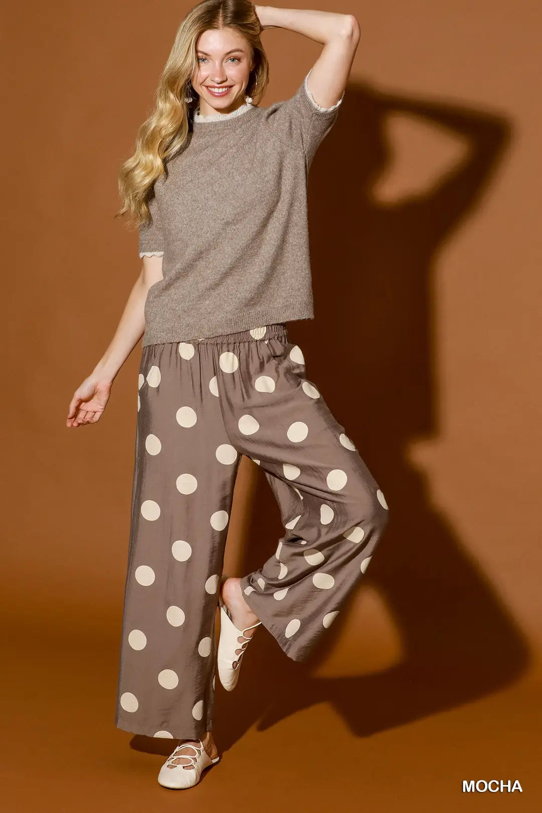 Umgee Mocha Polka Dot Wide Leg Pants