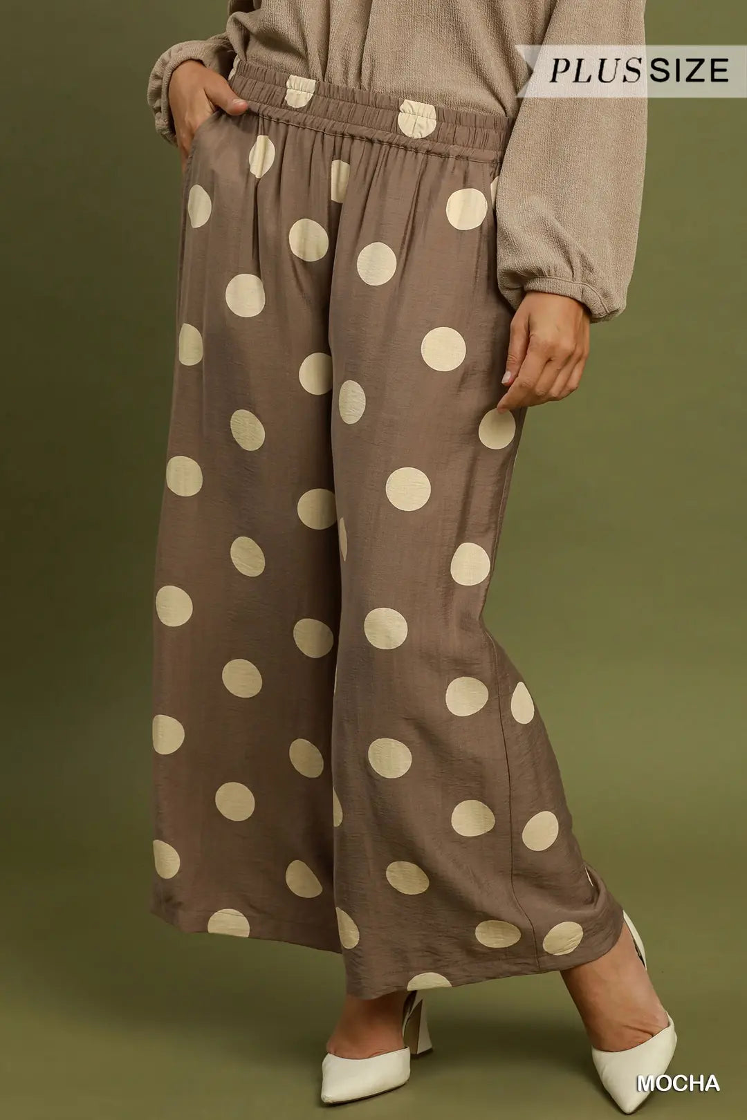 Umgee Mocha Polka Dot Wide Leg Pants
