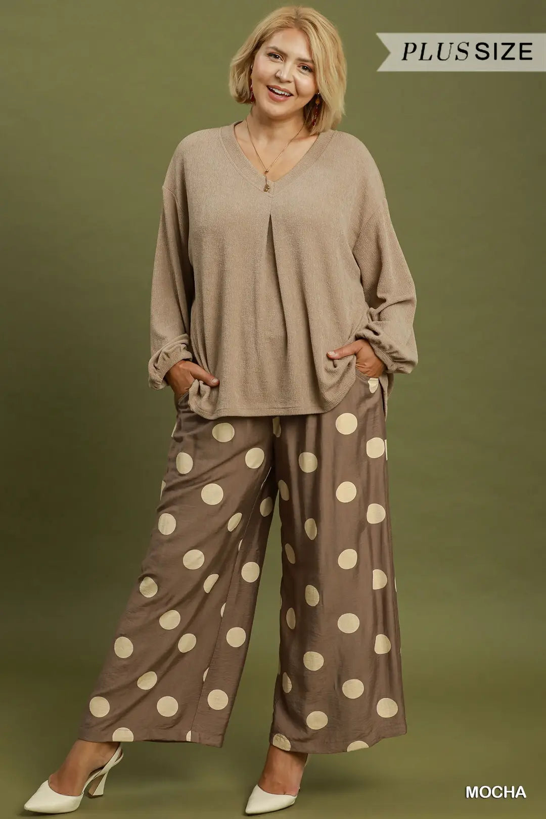 Umgee Mocha Polka Dot Wide Leg Pants