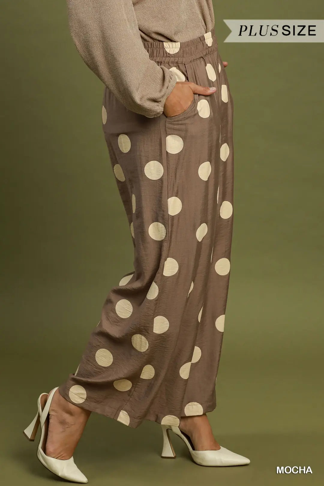 Umgee Mocha Polka Dot Wide Leg Pants