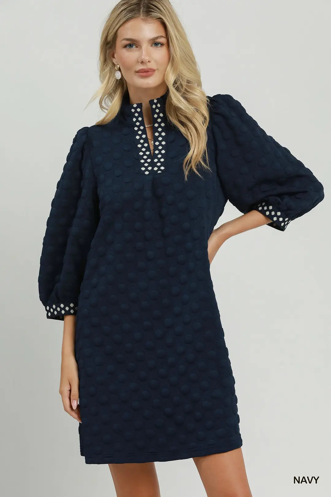 Umgee Navy Swiss Dot Contrast Trim Shift Dress
