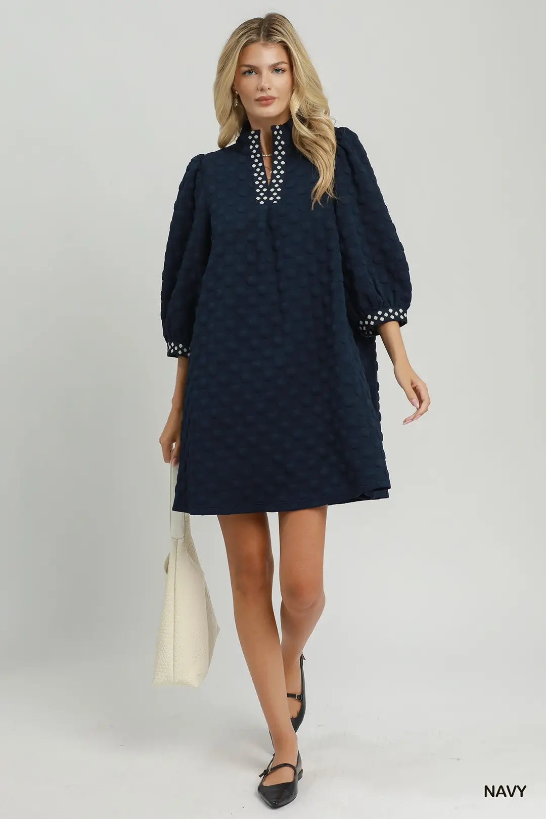 Umgee Navy Swiss Dot Contrast Trim Shift Dress