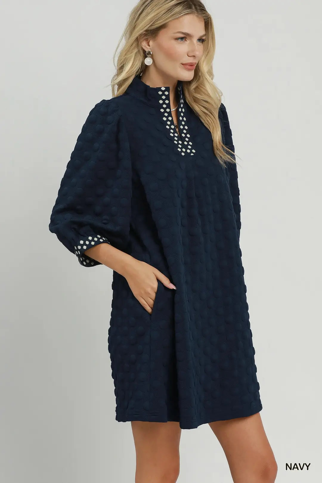Umgee Navy Swiss Dot Contrast Trim Shift Dress