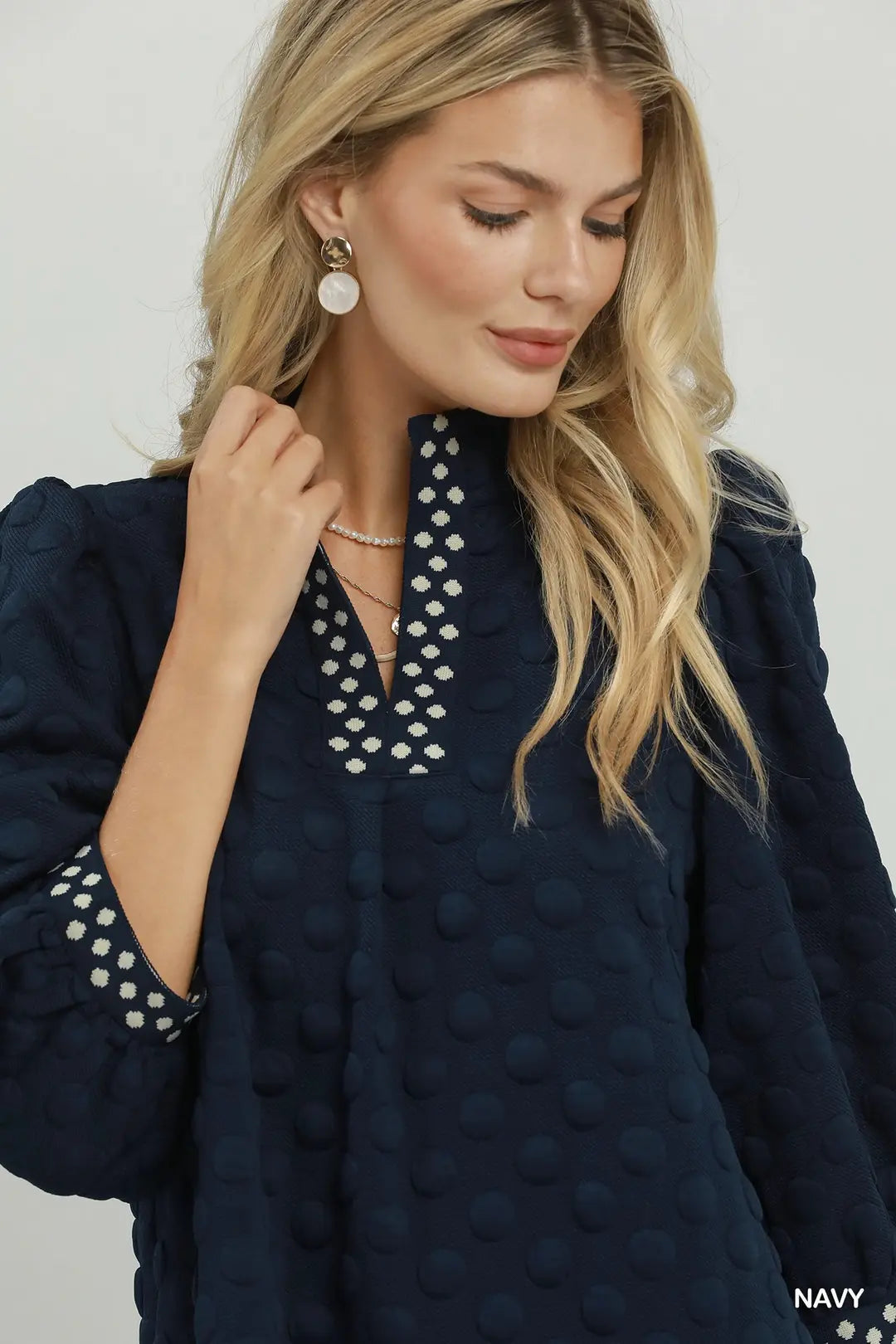 Umgee Navy Swiss Dot Contrast Trim Shift Dress