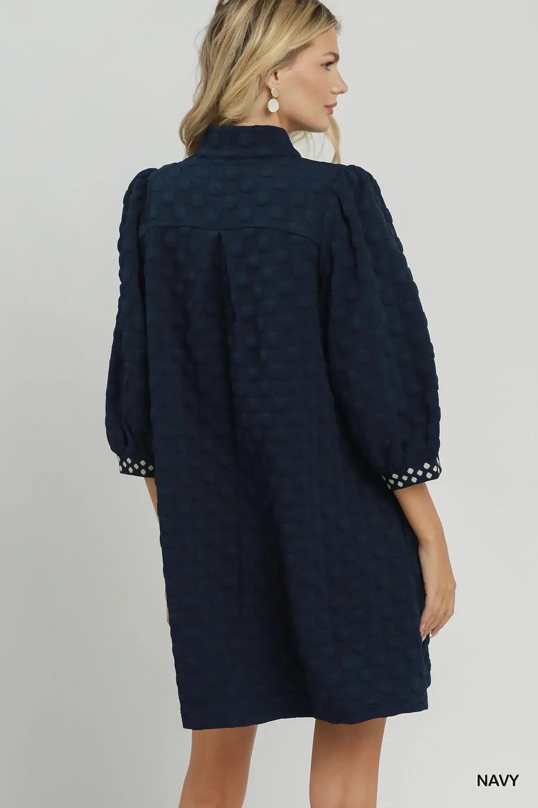 Umgee Navy Swiss Dot Contrast Trim Shift Dress