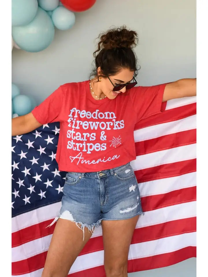 Freedom Fireworks Stars and Stripes tee detail - red white and blue Americana graphic shirt
