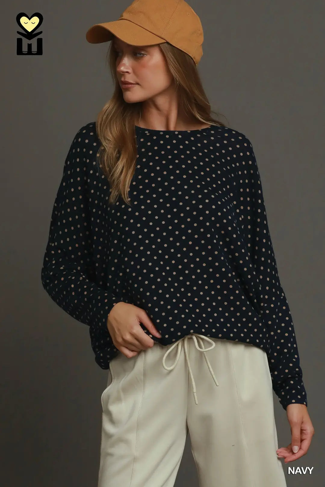 Umgee Navy Polka Dot Oversized Batwing Top