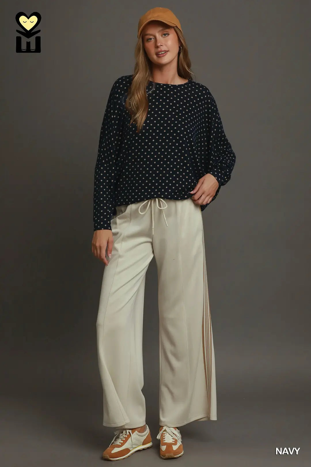 Umgee Navy Polka Dot Oversized Batwing Top