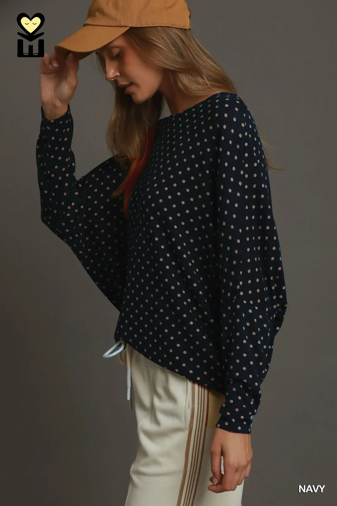 Umgee Navy Polka Dot Oversized Batwing Top