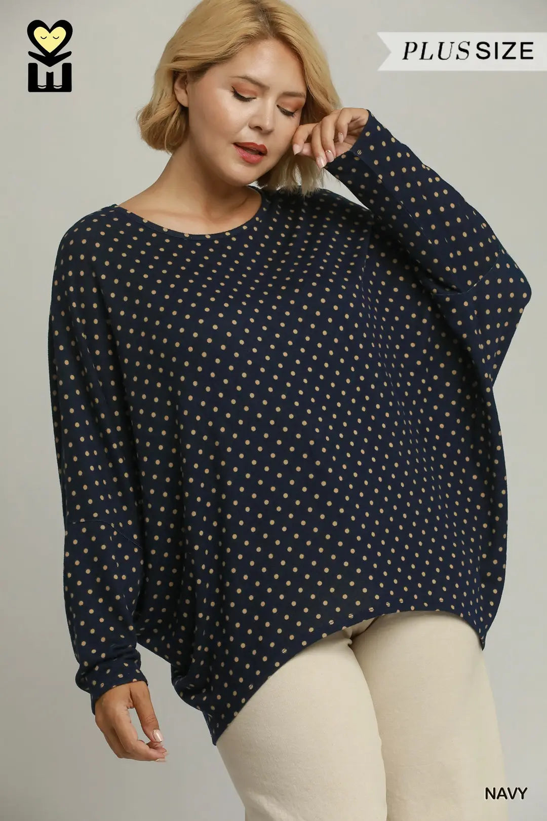 Umgee Navy Polka Dot Oversized Batwing Top
