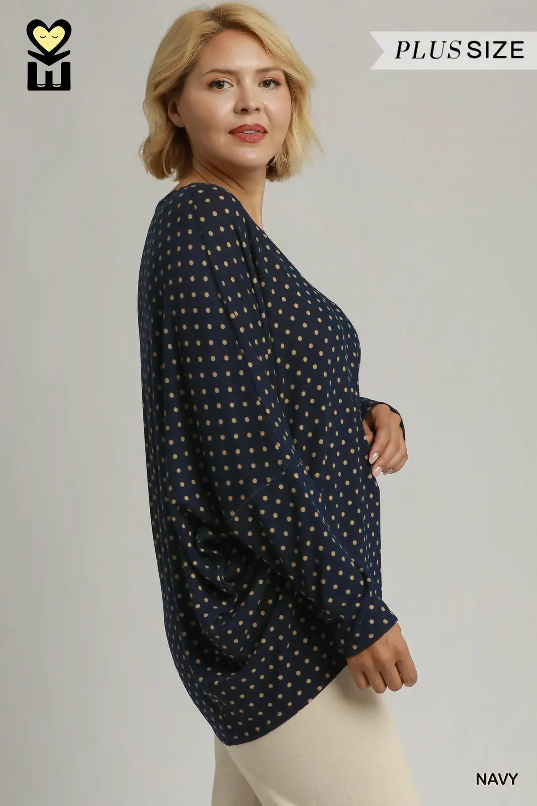 Umgee Navy Polka Dot Oversized Batwing Top