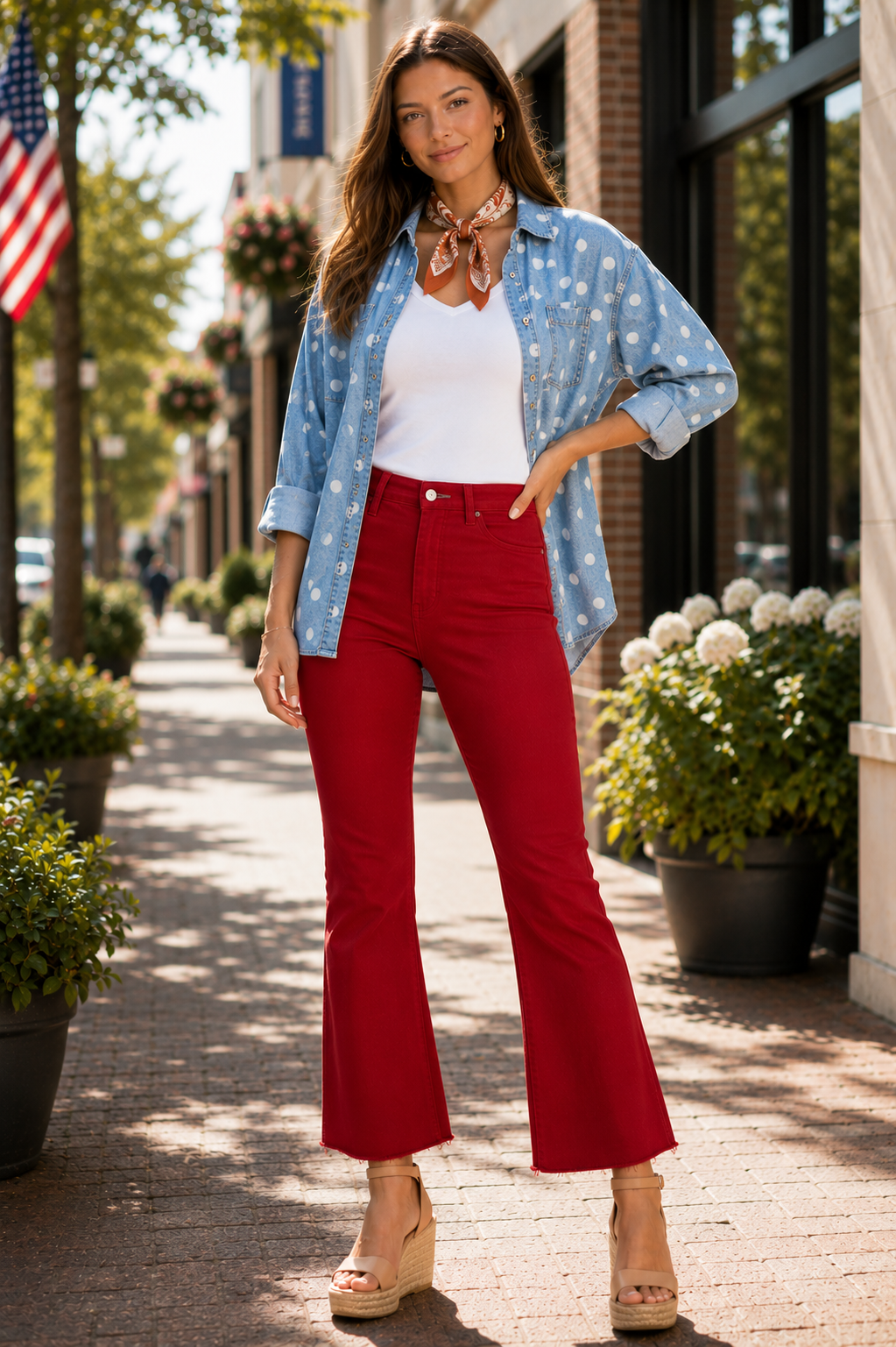 A woman stands on a sunlit brick sidewalk wearing a light blue patterned button-up shirt over a white tank top and bright red flared pants, with beige wedge sandals and a patterned neck scarf.