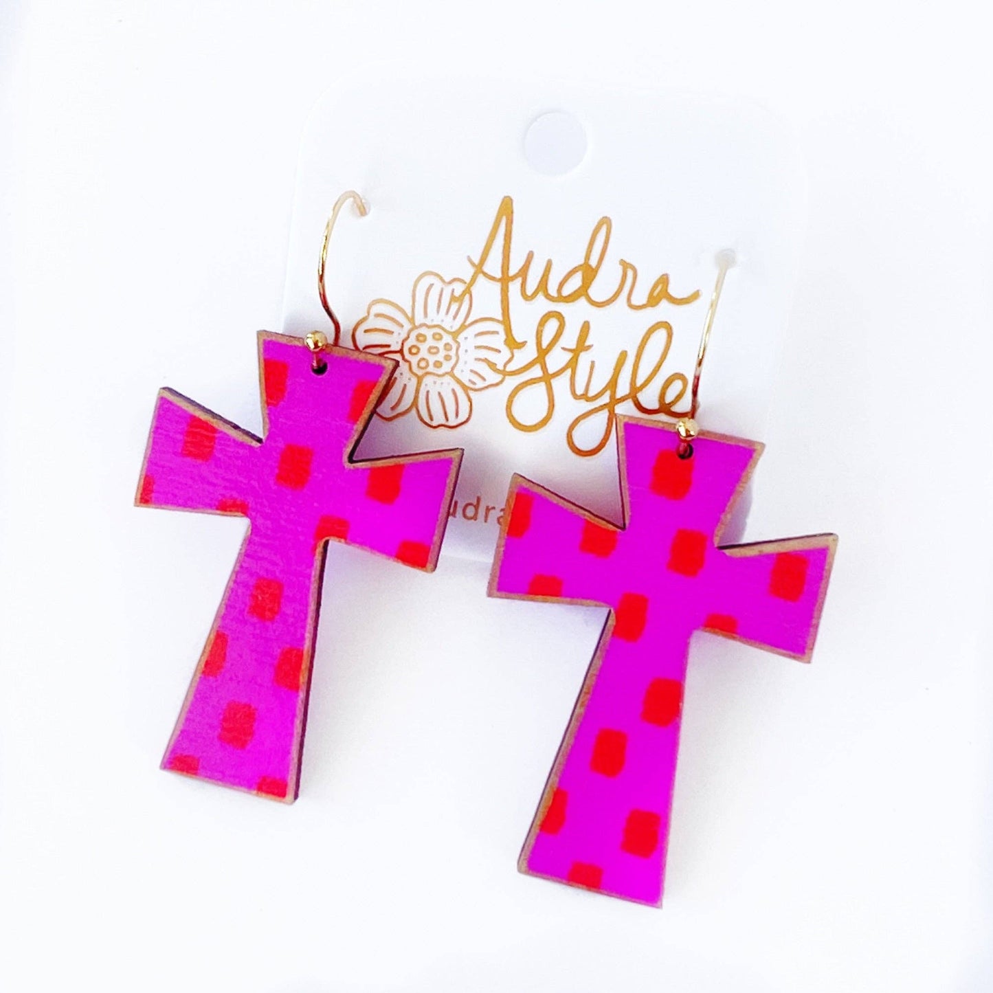 Cross Dangle Earring- Pink Red Dot