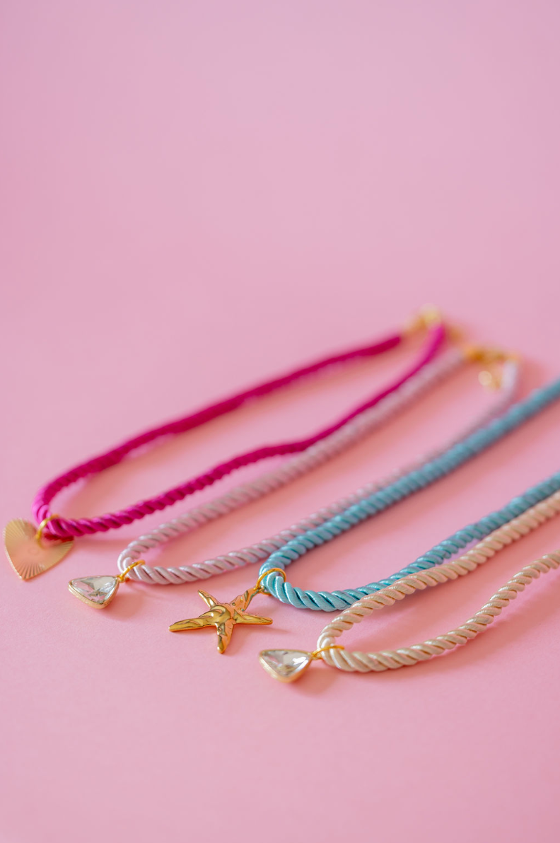colorful cord necklace with heart and starfish charms