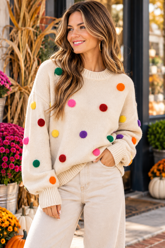 Colorful Pom Pom Knit Sweater