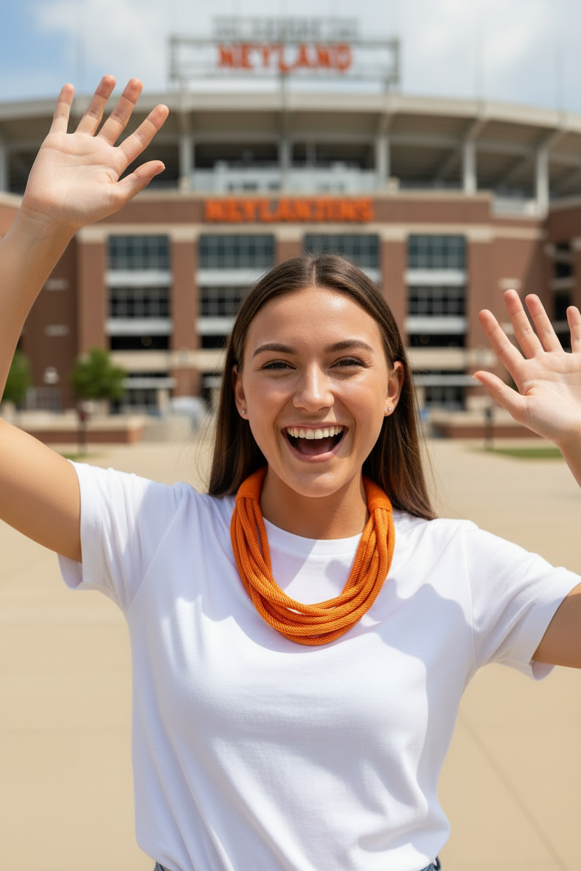 Woman with arms raised in front of a stadium with 'Neyland' branding